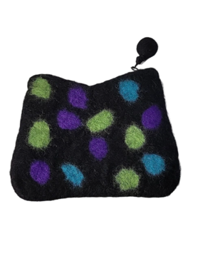 Nepal Rising Tide Black 100% Wool Purse w/Neon Green, Turquoise, & Purple Spots